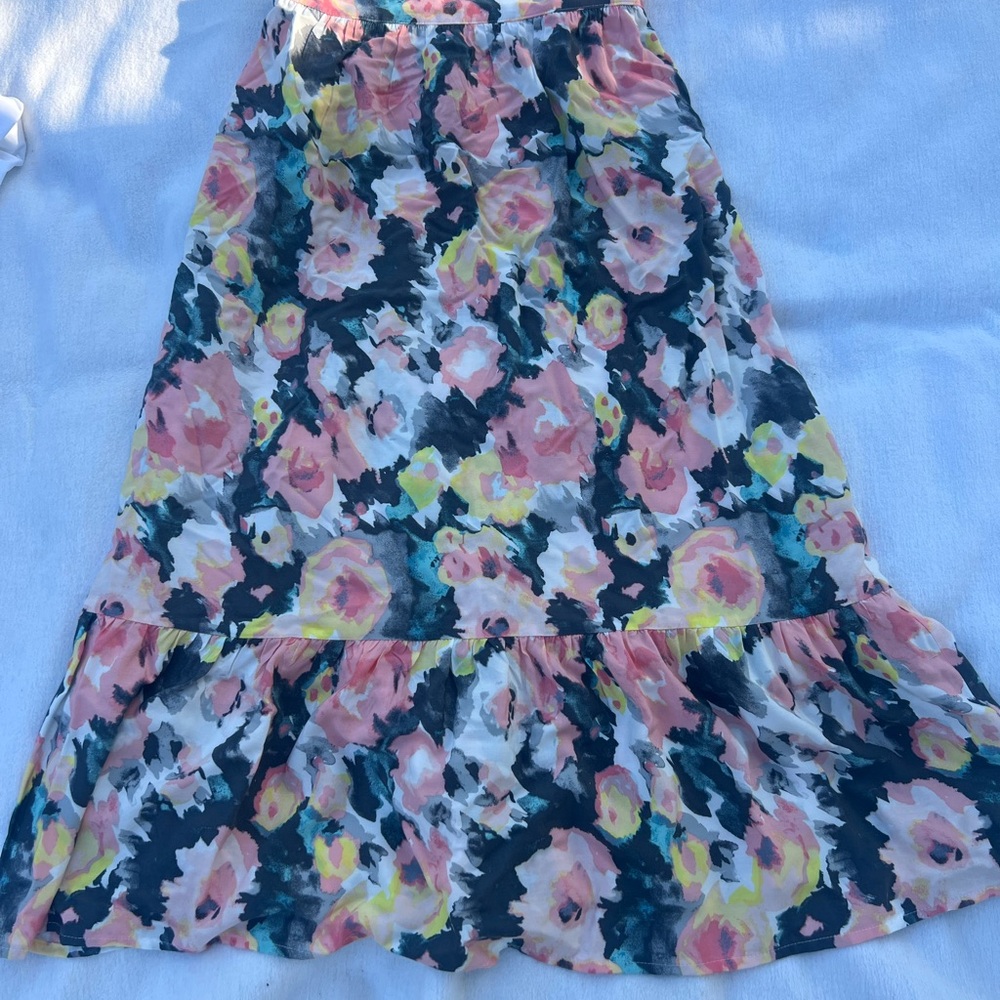 LOFT Pink and Yellow Midi A-Line Skirt